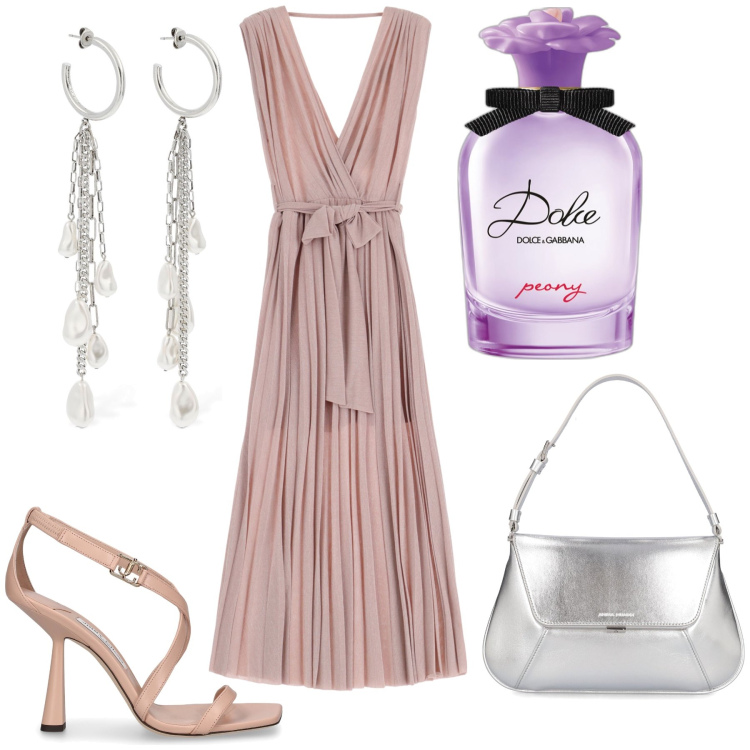 Outfit donna - Matrimonio con sandalo Jimmy Choo. Stile Chic per Cerimonia. Abbinamento con profumi, vestiti lunghi, sandali in pelle, orecchini, borse a spalla.