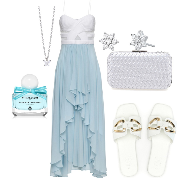 Outfit donna - Ciabattine di tendenza. Stile Chic per Tutti i giorni. Abbinamento con vestiti asimmetrici, profumi, orecchini, collane, ciabatte, pochette.