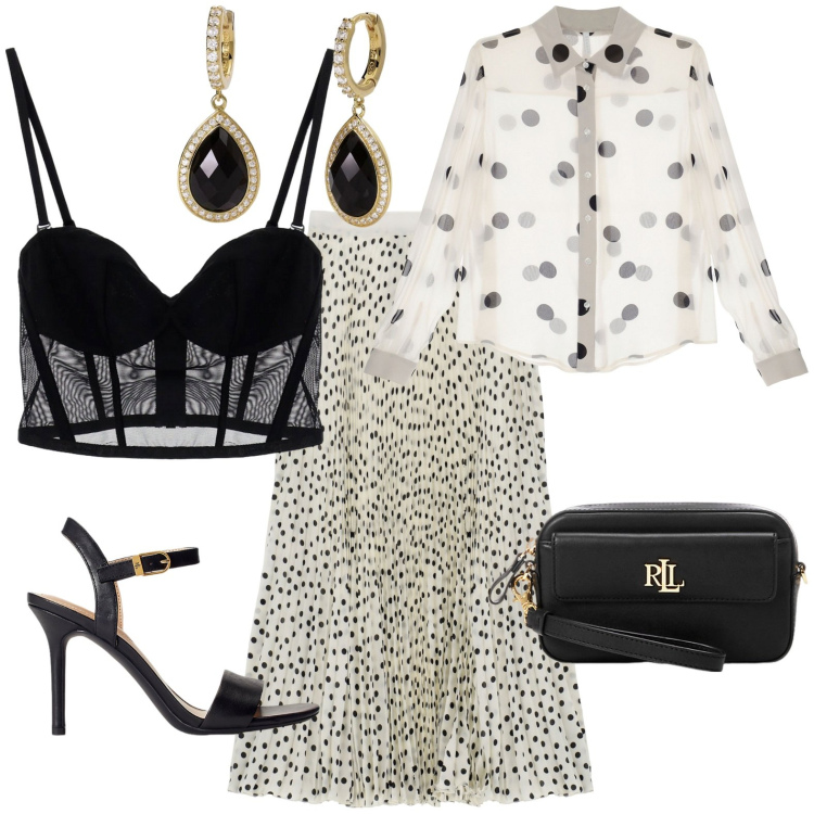Outfit donna - Total look #1910991. Stile Casual chic per Tutti i giorni. Abbinamento con orecchini, gonne longuette, camicie, top, pochette, sandali in pelle.