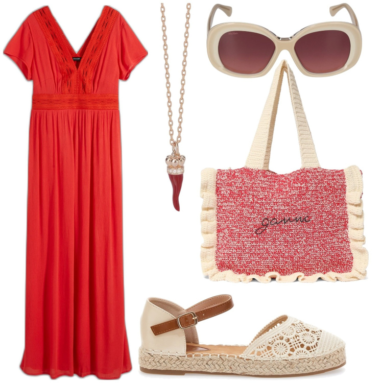 Outfit donna - Total look #1910993. Stile Boho per Mare. Abbinamento con vestiti lunghi, collane, espadrillas, shopping bag, occhiali da sole.