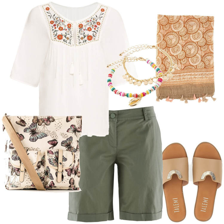 Outfit donna - Total look #1910998. Stile Minimal per Tutti i giorni. Abbinamento con tuniche, bermuda, borse a tracolla, braccialetti con ciondoli, ciabatte, vestiti da spiaggia.