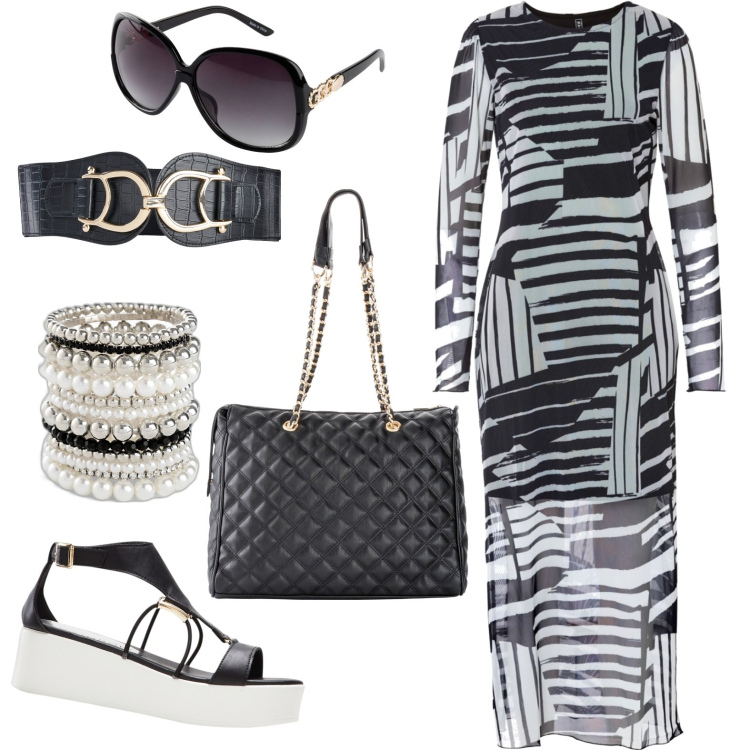 Outfit donna - Total look #1911000. Stile Glamour per Tutti i giorni. Abbinamento con braccialetti, shopping bag, occhiali da sole, vestiti, cinture, sandali col tacco.