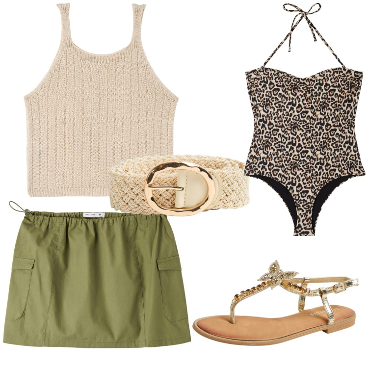 Outfit donna - Total look #1911002. Stile Casual per Mare. Abbinamento con costumi interi, minigonne, top, sandali gioiello, cinture.