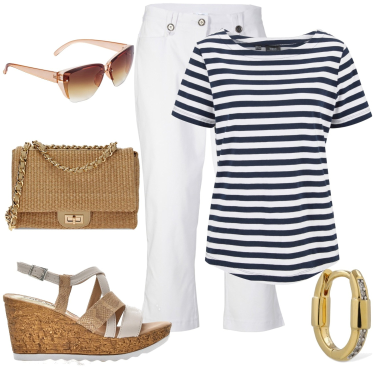 Outfit donna - Righe e bianco. Stile Casual chic per Mare. Abbinamento con pantaloni capri, t-shirt, occhiali da sole, borse a tracolla, orecchini, sandali.