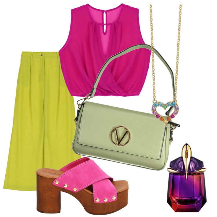 Outfit donna - Verde lime e fucsia. Stile Chic per Serata fuori. Abbinamento con profumi, collane, sandali col tacco, pantaloni a palazzo, top, borse a spalla.