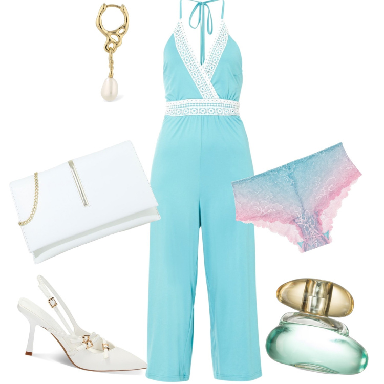 Outfit donna - Tuta chic. Stile Glamour per Serata fuori. Abbinamento con tute, culotte, profumi, pochette, décolleté, orecchini.