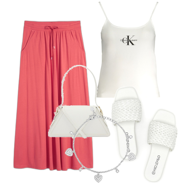 Outfit donna - Semplicità. Stile Basic per Tutti i giorni. Abbinamento con gonne, braccialetti, borse a spalla, canottiere, ciabatte.