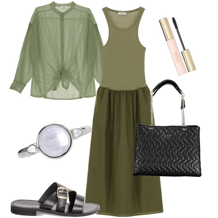 Outfit donna - L’anello madreperlato. Stile Trendy per Serata fuori. Abbinamento con mascara, anelli, vestiti lunghi, camicie, sandali in pelle, borse a spalla.