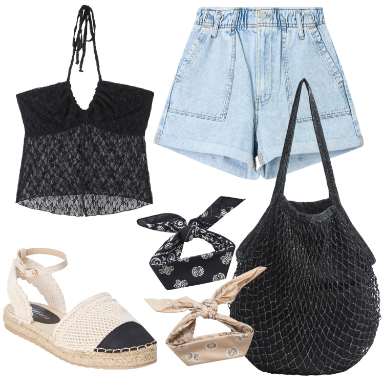 Outfit donna - Che caldo fa. Stile Boho per Mare. Abbinamento con shorts, borse a tracolla, top, espadrillas, fasce per capelli.