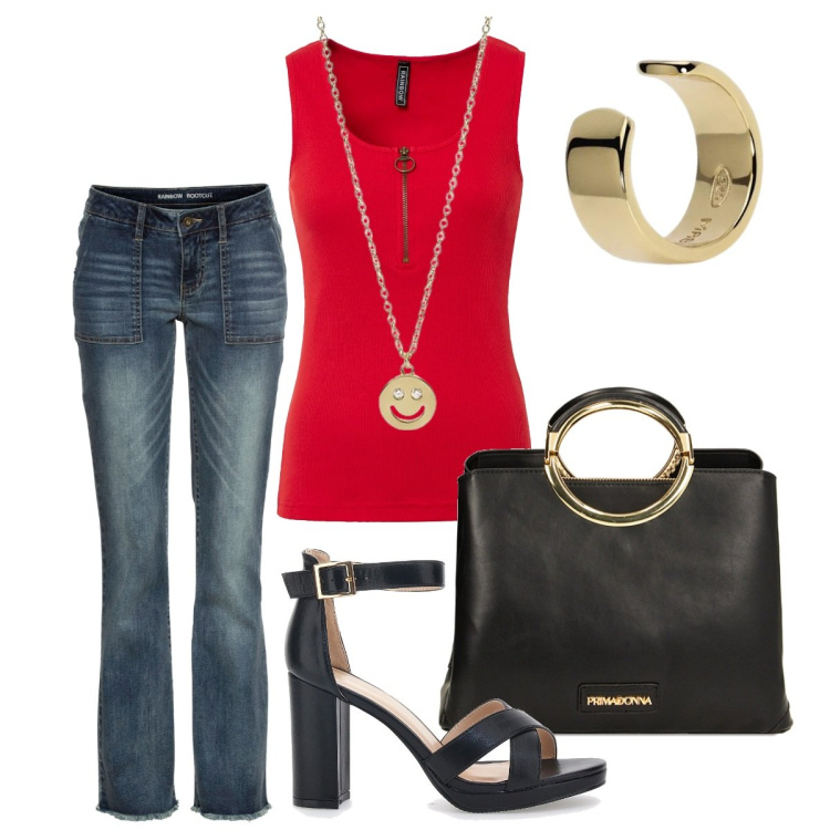 Outfit donna - Serata sportychic. Stile Sporty chic per Serata fuori. Abbinamento con top, jeans bootcut, orecchini, collane, borse a mano, sandali col tacco.