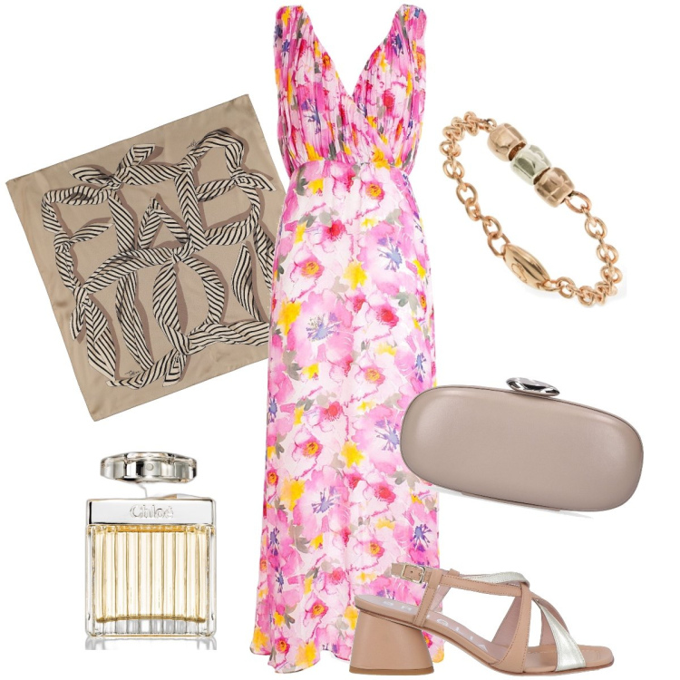 Outfit donna - Un abito fresco e colorato. Stile Bon Ton per Cerimonia. Abbinamento con sandali in pelle, profumi, vestiti lunghi, anelli, foulard, pochette.