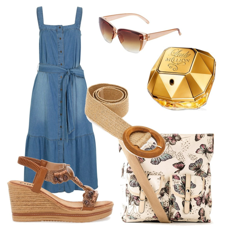 Outfit donna - Un outfit per l\' estate. Stile Casual per Tutti i giorni. Abbinamento con occhiali da sole, vestiti, borse a tracolla, profumi, sandali gioiello, cinture.
