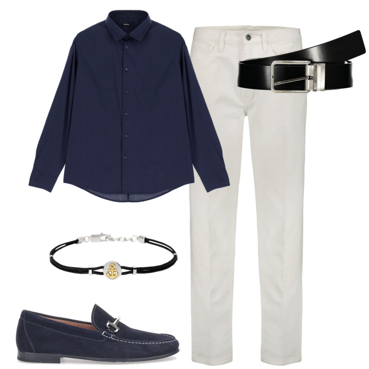 Outfit uomo - In ufficio. Stile Trendy per Ufficio. Abbinamento con braccialetti, camicie, scarpe stringate, cinture, pantaloni.