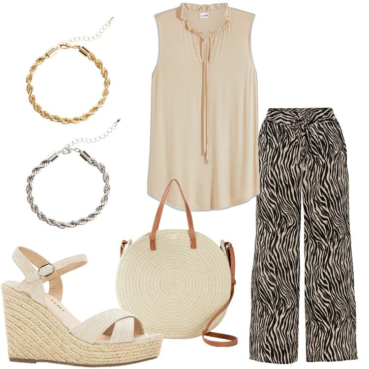 Outfit donna - Bonprix mood Zebra. Stile Etnico per Tutti i giorni. Abbinamento con pantaloni culotte, sandali, top, borse a tracolla, braccialetti.