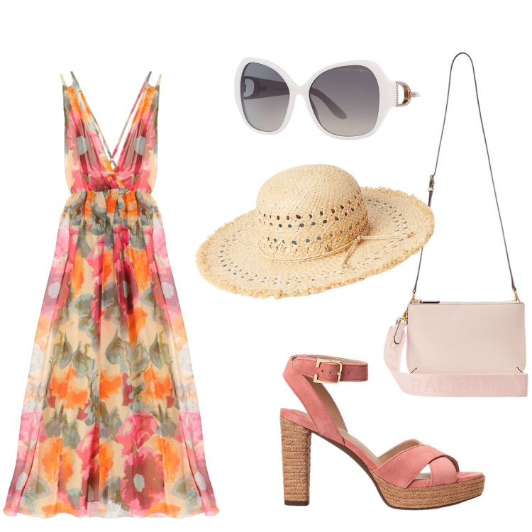 Outfit donna - Romantica estate. Stile Romantica per Tutti i giorni. Abbinamento con vestiti lunghi, occhiali da sole, sandali col tacco, cappelli, borse a tracolla.