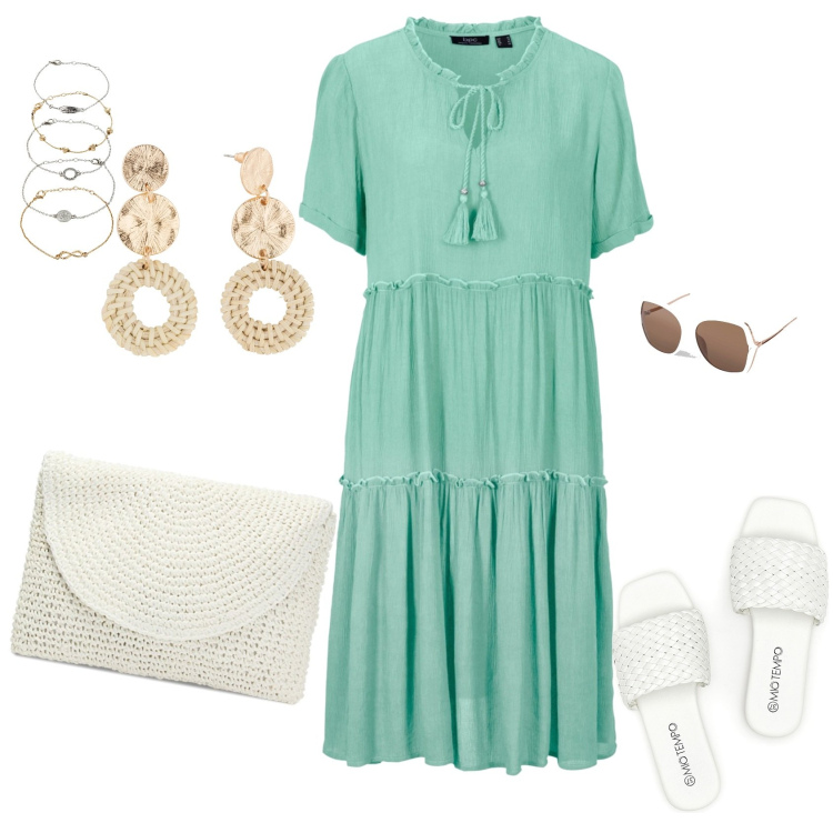 Outfit donna - Aperitivo in spiaggia. Stile Boho per Mare. Abbinamento con braccialetti con ciondoli, orecchini, caftani, occhiali da sole, pochette, ciabatte.