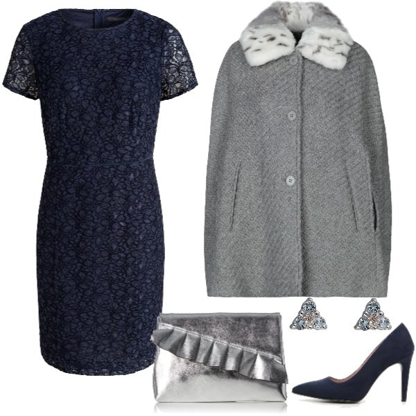Outfit donna - Pizzo e cappa. Stile Chic per Serata fuori. Abbinamento con mantella lavorato a maglia collo classico a maniche corte interno foderato tinta unita, vestito blu, décolleté effetto scamosciato in pelle sintetica blu, pochette argento, orecchini in oro bianco blu.