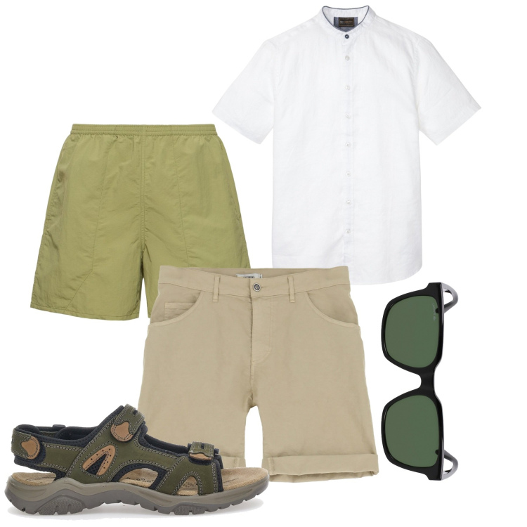 Outfit uomo - Al mare. Stile Casual per Mare. Abbinamento con camicie a manica corta, shorts, sandali, occhiali da sole, costumi.