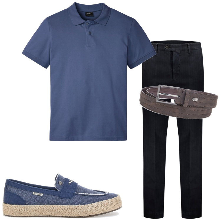 Outfit uomo - In città. Stile Casual per Tutti i giorni. Abbinamento con polo, scarpe stringate, pantaloni, cinture.