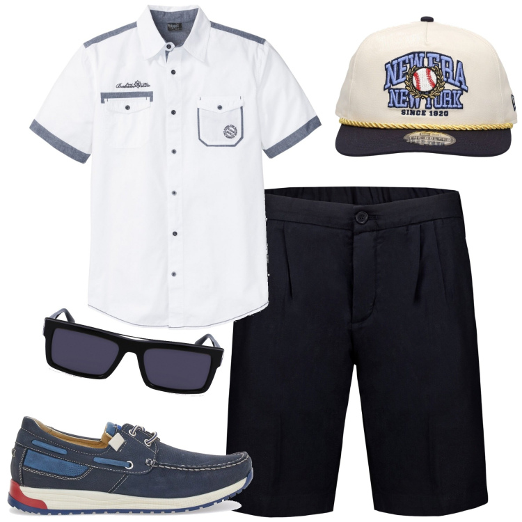 Outfit uomo - Costal style. Stile Casual per Mare. Abbinamento con camicie a manica corta, occhiali da sole, scarpe stringate, bermuda, cappelli.
