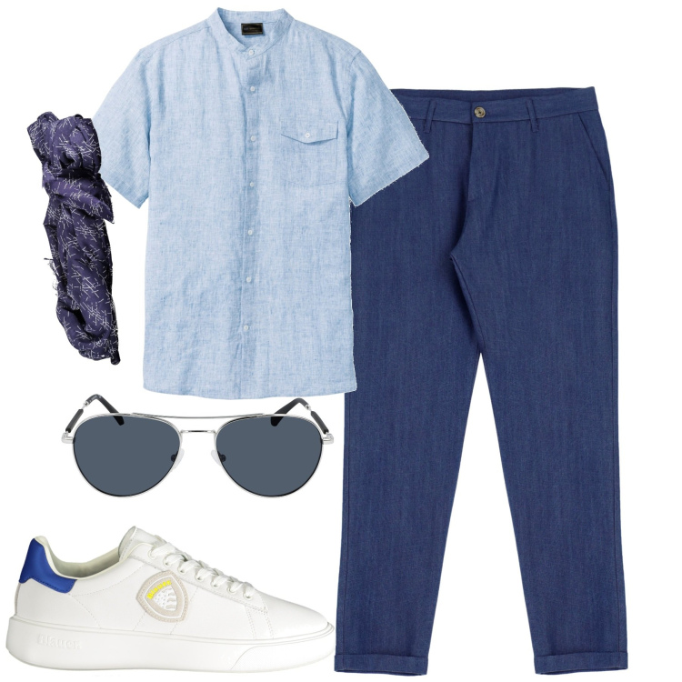 Outfit uomo - City. Stile Trendy per Tutti i giorni. Abbinamento con camicie a manica corta, jeans slim fit, sneakers, occhiali da sole, sciarpe.