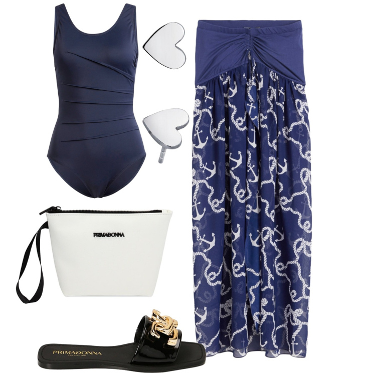 Outfit donna - Mare. Stile Casual chic per Mare. Abbinamento con costumi interi, vestiti da spiaggia, orecchini, ciabatte, valigie.