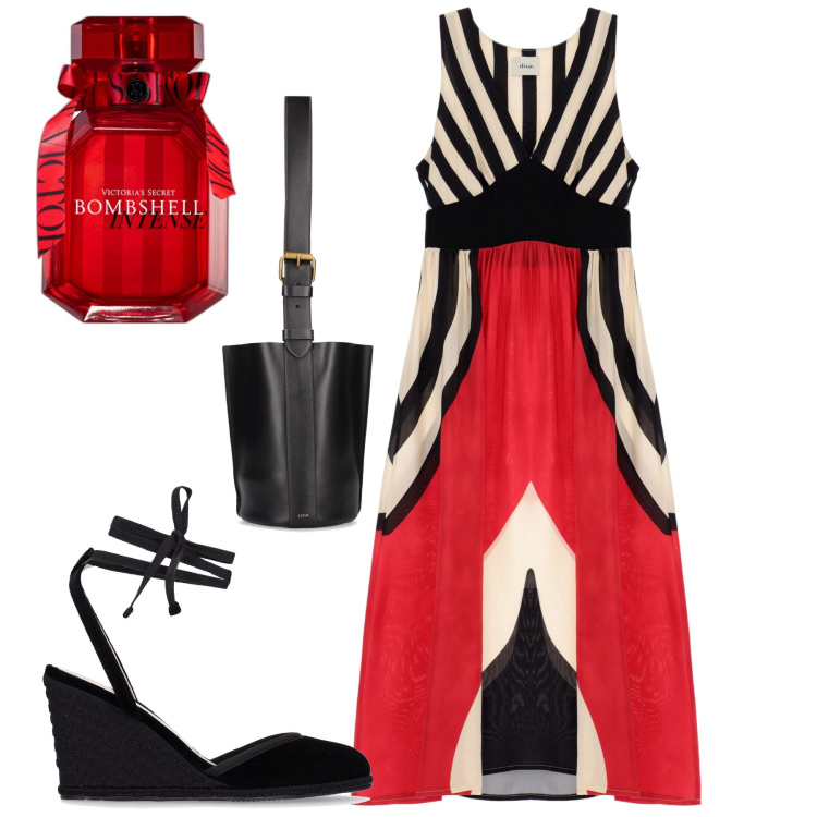 Outfit donna - Dixie style. Stile Glamour per Serata fuori. Abbinamento con profumi, vestiti lunghi, espadrillas, borse a spalla.