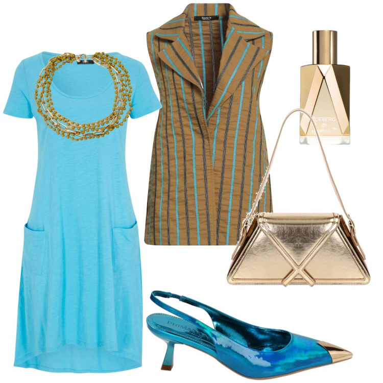 Outfit donna - Giacca estiva. Stile Casual chic per Serata fuori. Abbinamento con vestiti, blazer, profumi, décolleté, borse a spalla, collane.