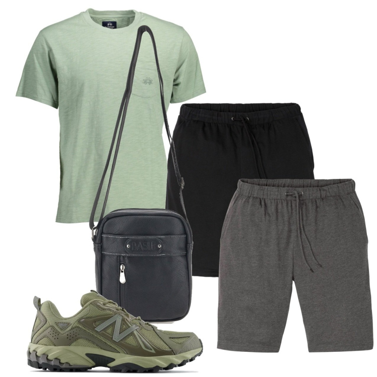 Outfit uomo - In città. Stile Casual per Tutti i giorni. Abbinamento con bermuda, sneakers, portafogli, t-shirt.