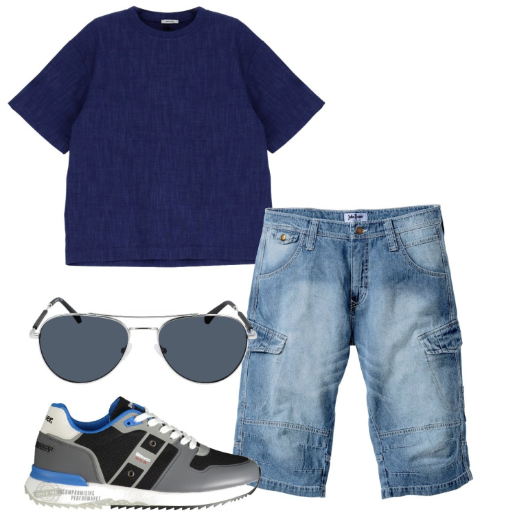 Outfit uomo - Con gli amici. Stile Casual per Tutti i giorni. Abbinamento con bermuda, t-shirt, occhiali da sole, sneakers.