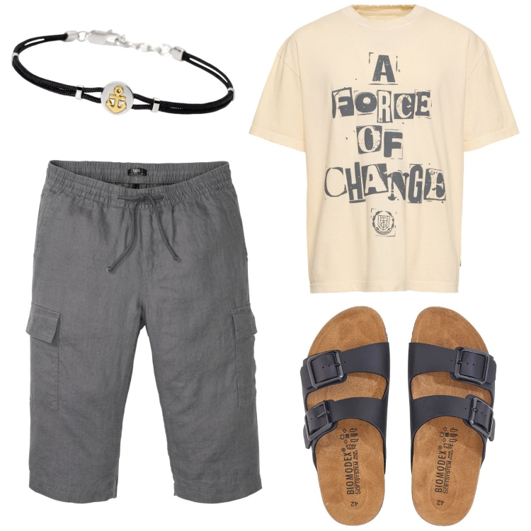 Outfit uomo - Sere d\'estate con gli amici. Stile Casual per Tutti i giorni. Abbinamento con bermuda, braccialetti, t-shirt, sandali.