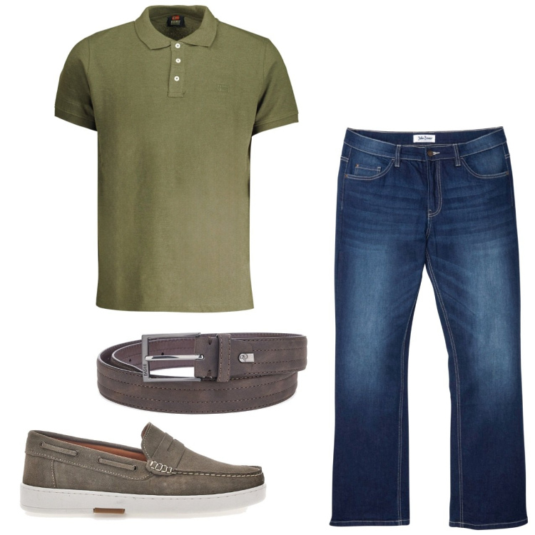 Outfit uomo - In jeans. Stile Casual per Tutti i giorni. Abbinamento con jeans bootcut, cinture, polo, scarpe stringate.