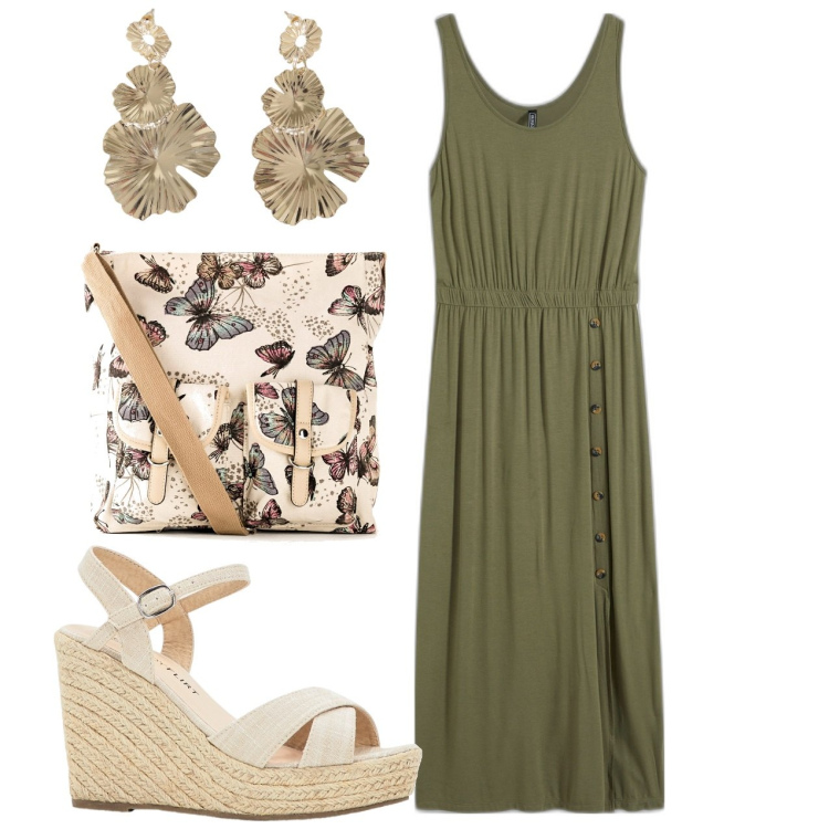 Outfit donna - Farfalle sulla borsa. Stile Bon Ton per Tutti i giorni. Abbinamento con borse a tracolla, vestiti lunghi, sandali, orecchini.