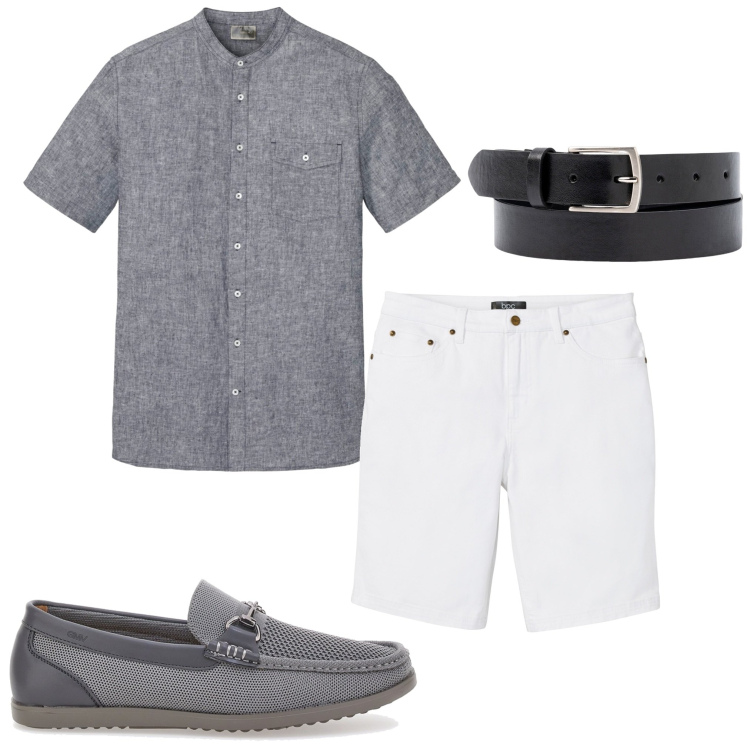 Outfit uomo - In città. Stile Casual per Tutti i giorni. Abbinamento con bermuda, camicie a manica corta, scarpe stringate, cinture.