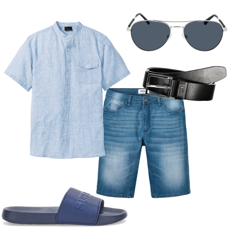 Outfit uomo - Al mare. Stile Casual per Mare. Abbinamento con bermuda, camicie a manica corta, sandali, occhiali da sole, cinture.
