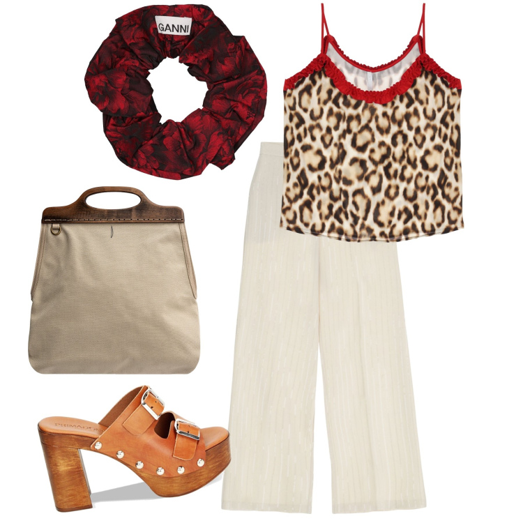 Outfit donna - Total look. Stile Urban per Tutti i giorni. Abbinamento con canottiere, pantaloni, zoccoli, borse a tracolla, accessori per capelli.
