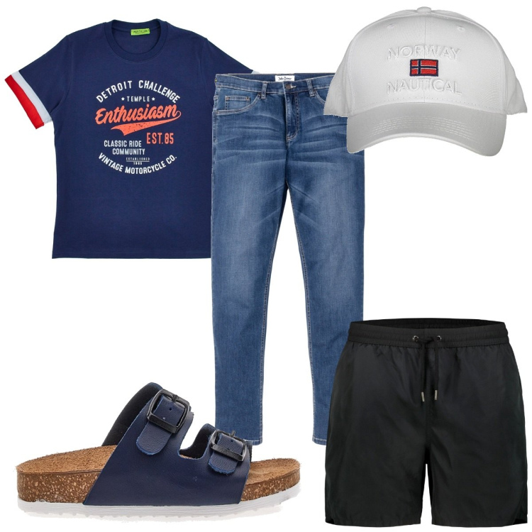 Outfit uomo - Total look #1911305. Stile Trendy per Mare. Abbinamento con jeans, sandali, t-shirt, cappelli con visiera, costumi.