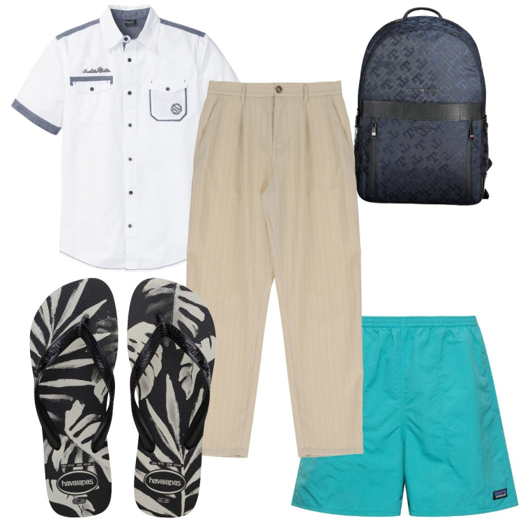Outfit uomo - Total look #1911312. Stile Trendy per Mare. Abbinamento con camicie a manica corta, pantaloni, borse sportive, sandali, costumi.