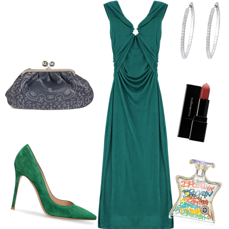 Outfit donna - Che serata. Stile Glamour per Serata fuori. Abbinamento con profumi, rossetti, orecchini, vestiti, décolleté, pochette.