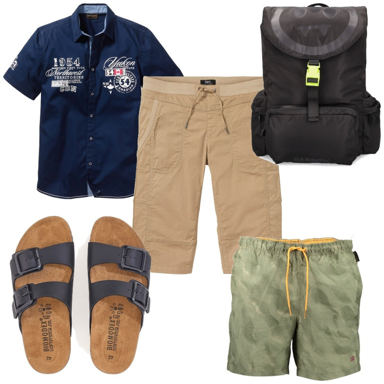 Outfit uomo - Total look #1911321. Stile Trendy per Mare. Abbinamento con camicie a manica corta, bermuda, borse sportive, costumi, sandali.