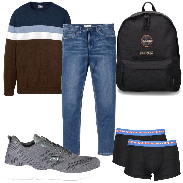 Outfit uomo - Total look #1911327. Stile Trendy per Tutti i giorni. Abbinamento con jeans, maglieria, borse sportive, boxer, sneakers.