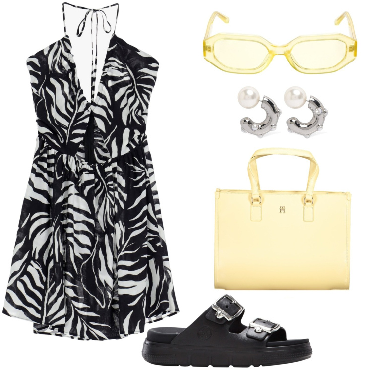 Outfit donna - Vestito fantasia. Stile Basic per Tutti i giorni. look ideale per Petite. Abbinamento con ciabatte, vestiti corti, occhiali da sole, orecchini, borse a spalla.