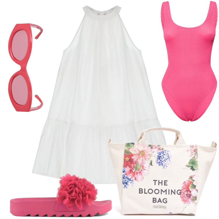 Outfit donna - Mare. Stile Casual per Mare. look ideale per Petite. Abbinamento con vestiti corti, borse tote, ciabatte, costumi interi, occhiali da sole.