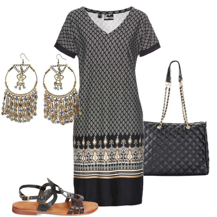 Outfit donna - Etnico style. Stile Etnico per Serata fuori. Abbinamento con shopping bag, vestiti, sandali, orecchini.