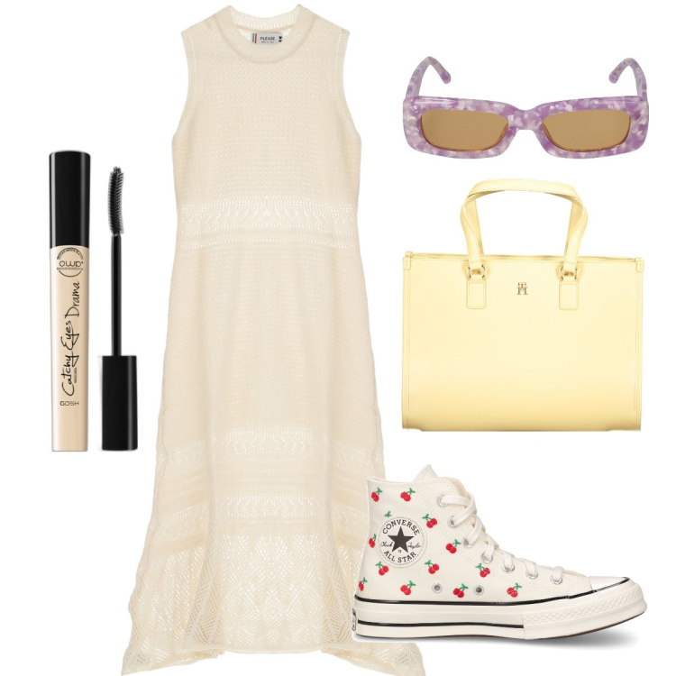 Outfit donna - Le Converse con le ciliegie. Stile Trendy per Tutti i giorni. Abbinamento con mascara, vestiti lunghi, sneakers, occhiali da sole, borse a spalla.