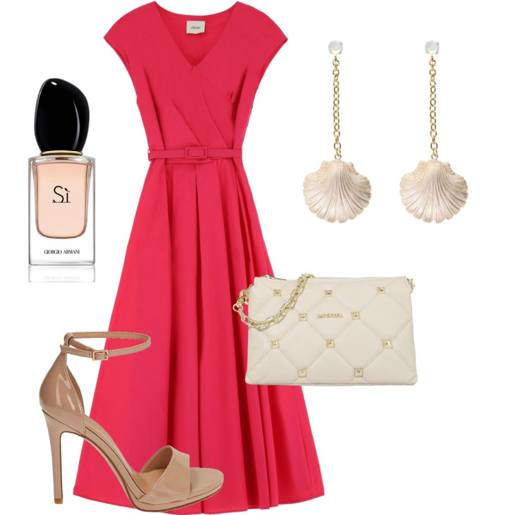 Outfit donna - Cerimonia a luglio. Stile Chic per Cerimonia. Abbinamento con profumi, pochette, sandali col tacco, vestiti lunghi, orecchini.