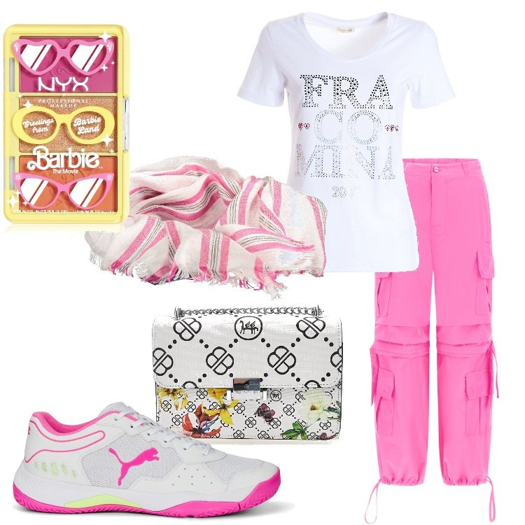 Outfit donna - Urban e colorata. Stile Urban per Tutti i giorni. Abbinamento con blush, t-shirt, pantaloni cargo, sneakers, foulard, borse a tracolla.