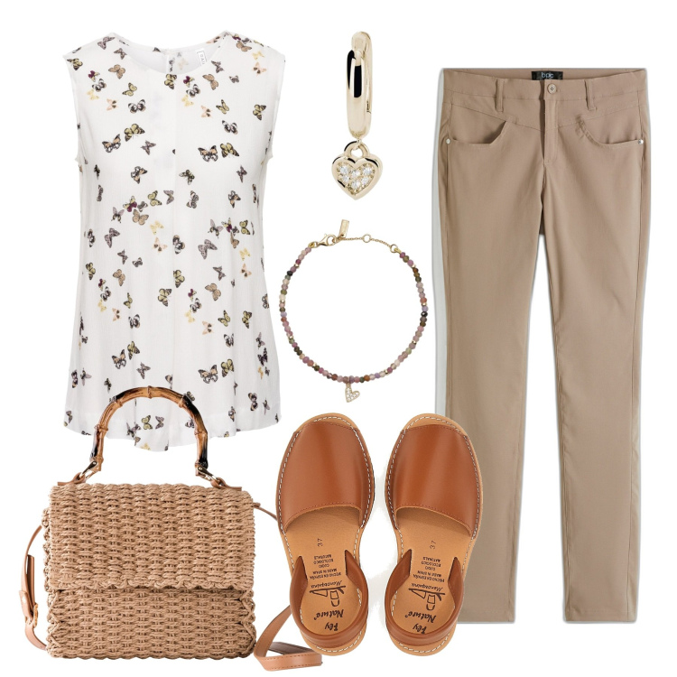 Outfit donna - Sobrietà. Stile Basic per Tutti i giorni. Abbinamento con top, pantaloni, borse a mano, orecchini, braccialetti, sandali in pelle.