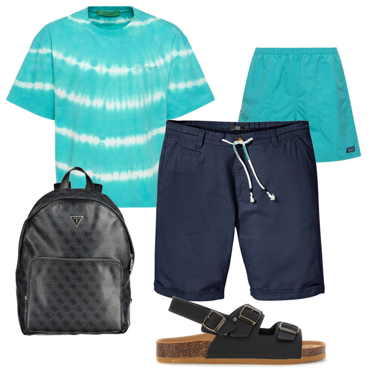 Outfit uomo - Domenica in piscina. Stile Casual per Sport. Abbinamento con bermuda, sandali, borse sportive, t-shirt, costumi.