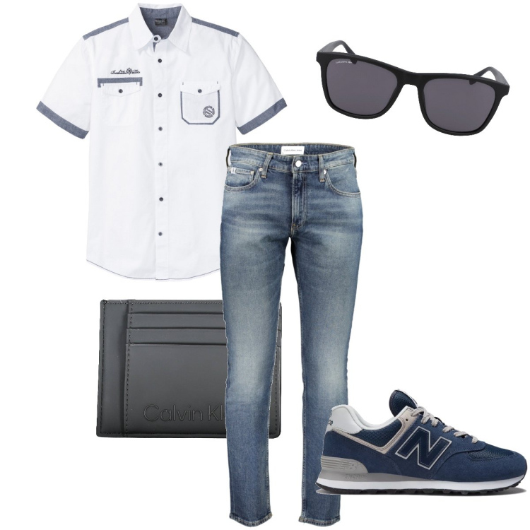Outfit uomo - Bordi e bottoncini blu. Stile Casual per Ufficio. Abbinamento con camicie a manica corta, sneakers, portafogli, occhiali da sole, jeans.